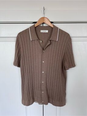 Everlane Brown Short-Sleeve Ribbed Button-Down Polo